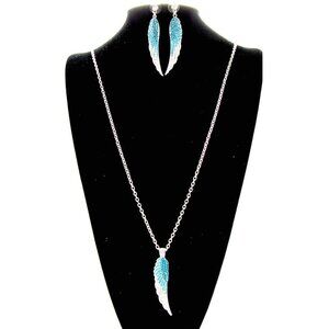 Angel Wing Necklace Earring Set Crystal Blue Stone